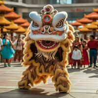 Dragão ou leão dança mostrar Barongsai dentro celebração chinês lunar Novo ano festival. ásia tradicional conceito de ai gerado foto