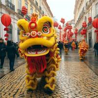 Dragão ou leão dança mostrar Barongsai dentro celebração chinês lunar Novo ano festival. ásia tradicional conceito de ai gerado foto