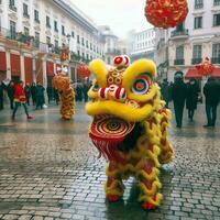 Dragão ou leão dança mostrar Barongsai dentro celebração chinês lunar Novo ano festival. ásia tradicional conceito de ai gerado foto