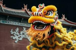 Dragão ou leão dança mostrar Barongsai dentro celebração chinês lunar Novo ano festival. ásia tradicional conceito de ai gerado foto