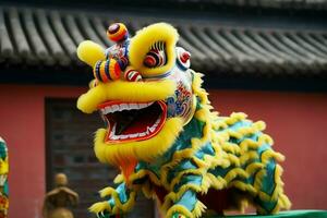 Dragão ou leão dança mostrar Barongsai dentro celebração chinês lunar Novo ano festival. ásia tradicional conceito de ai gerado foto