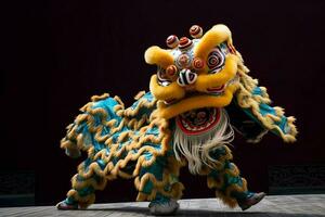 Dragão ou leão dança mostrar Barongsai dentro celebração chinês lunar Novo ano festival. ásia tradicional conceito de ai gerado foto