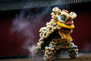 Dragão ou leão dança mostrar Barongsai dentro celebração chinês lunar Novo ano festival. ásia tradicional conceito de ai gerado foto