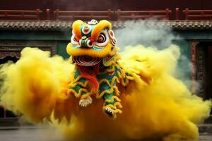 Dragão ou leão dança mostrar Barongsai dentro celebração chinês lunar Novo ano festival. ásia tradicional conceito de ai gerado foto