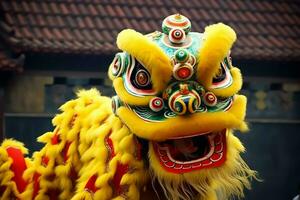 Dragão ou leão dança mostrar Barongsai dentro celebração chinês lunar Novo ano festival. ásia tradicional conceito de ai gerado foto