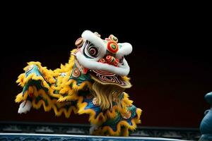 Dragão ou leão dança mostrar Barongsai dentro celebração chinês lunar Novo ano festival. ásia tradicional conceito de ai gerado foto