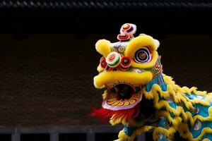 Dragão ou leão dança mostrar Barongsai dentro celebração chinês lunar Novo ano festival. ásia tradicional conceito de ai gerado foto