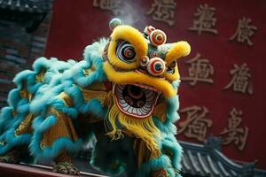 Dragão ou leão dança mostrar Barongsai dentro celebração chinês lunar Novo ano festival. ásia tradicional conceito de ai gerado foto