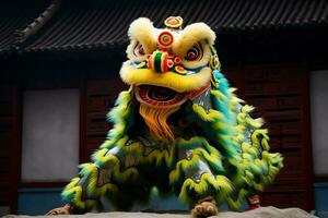 Dragão ou leão dança mostrar Barongsai dentro celebração chinês lunar Novo ano festival. ásia tradicional conceito de ai gerado foto