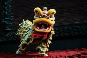 Dragão ou leão dança mostrar Barongsai dentro celebração chinês lunar Novo ano festival. ásia tradicional conceito de ai gerado foto