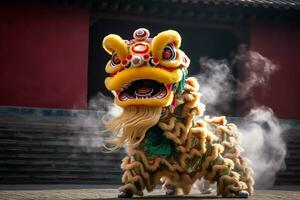 Dragão ou leão dança mostrar Barongsai dentro celebração chinês lunar Novo ano festival. ásia tradicional conceito de ai gerado foto