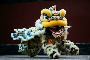 Dragão ou leão dança mostrar Barongsai dentro celebração chinês lunar Novo ano festival. ásia tradicional conceito de ai gerado foto