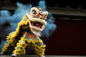 Dragão ou leão dança mostrar Barongsai dentro celebração chinês lunar Novo ano festival. ásia tradicional conceito de ai gerado foto