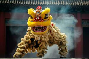 Dragão ou leão dança mostrar Barongsai dentro celebração chinês lunar Novo ano festival. ásia tradicional conceito de ai gerado foto