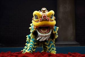 Dragão ou leão dança mostrar Barongsai dentro celebração chinês lunar Novo ano festival. ásia tradicional conceito de ai gerado foto