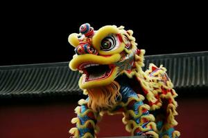 Dragão ou leão dança mostrar Barongsai dentro celebração chinês lunar Novo ano festival. ásia tradicional conceito de ai gerado foto