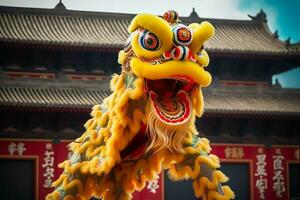 Dragão ou leão dança mostrar Barongsai dentro celebração chinês lunar Novo ano festival. ásia tradicional conceito de ai gerado foto