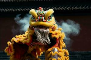 Dragão ou leão dança mostrar Barongsai dentro celebração chinês lunar Novo ano festival. ásia tradicional conceito de ai gerado foto