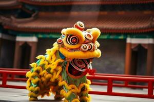 Dragão ou leão dança mostrar Barongsai dentro celebração chinês lunar Novo ano festival. ásia tradicional conceito de ai gerado foto