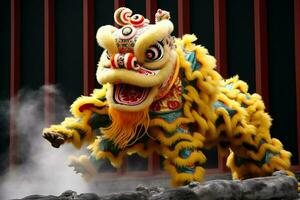 Dragão ou leão dança mostrar Barongsai dentro celebração chinês lunar Novo ano festival. ásia tradicional conceito de ai gerado foto