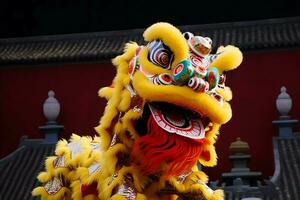 Dragão ou leão dança mostrar Barongsai dentro celebração chinês lunar Novo ano festival. ásia tradicional conceito de ai gerado foto