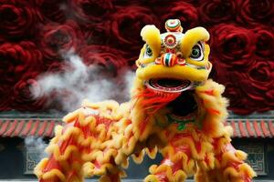 Dragão ou leão dança mostrar Barongsai dentro celebração chinês lunar Novo ano festival. ásia tradicional conceito de ai gerado foto