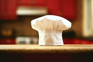 branco cozinhar chapéu dentro a cozinha mesa e cópia de espaço para seu decoração. publicidade fotografia conceito de ai gerado foto