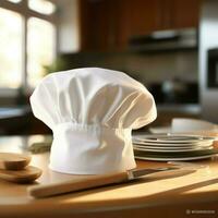 branco cozinhar chapéu dentro a cozinha mesa e cópia de espaço para seu decoração. publicidade fotografia conceito de ai gerado foto