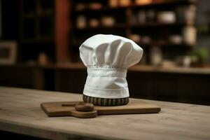 branco cozinhar chapéu dentro a cozinha mesa e cópia de espaço para seu decoração. publicidade fotografia conceito de ai gerado foto