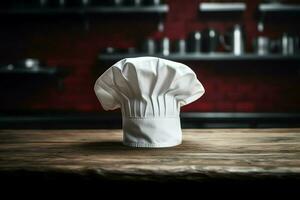 branco cozinhar chapéu dentro a cozinha mesa e cópia de espaço para seu decoração. publicidade fotografia conceito de ai gerado foto