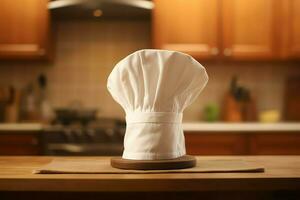 branco cozinhar chapéu dentro a cozinha mesa e cópia de espaço para seu decoração. publicidade fotografia conceito de ai gerado foto