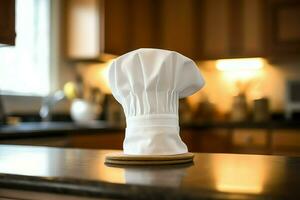 branco cozinhar chapéu dentro a cozinha mesa e cópia de espaço para seu decoração. publicidade fotografia conceito de ai gerado foto