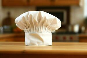 branco cozinhar chapéu dentro a cozinha mesa e cópia de espaço para seu decoração. publicidade fotografia conceito de ai gerado foto