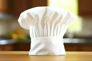 branco cozinhar chapéu dentro a cozinha mesa e cópia de espaço para seu decoração. publicidade fotografia conceito de ai gerado foto