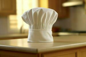 branco cozinhar chapéu dentro a cozinha mesa e cópia de espaço para seu decoração. publicidade fotografia conceito de ai gerado foto