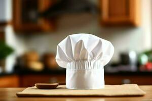 branco cozinhar chapéu dentro a cozinha mesa e cópia de espaço para seu decoração. publicidade fotografia conceito de ai gerado foto