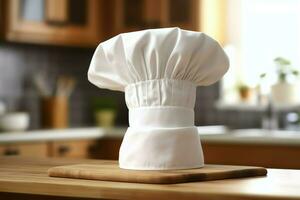 branco cozinhar chapéu dentro a cozinha mesa e cópia de espaço para seu decoração. publicidade fotografia conceito de ai gerado foto