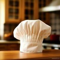 branco cozinhar chapéu dentro a cozinha mesa e cópia de espaço para seu decoração. publicidade fotografia conceito de ai gerado foto