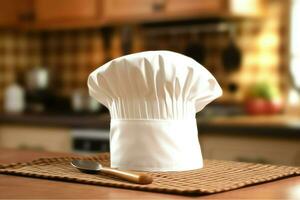 branco cozinhar chapéu dentro a cozinha mesa e cópia de espaço para seu decoração. publicidade fotografia conceito de ai gerado foto