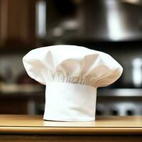 branco cozinhar chapéu dentro a cozinha mesa e cópia de espaço para seu decoração. publicidade fotografia conceito de ai gerado foto