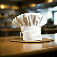 branco cozinhar chapéu dentro a cozinha mesa e cópia de espaço para seu decoração. publicidade fotografia conceito de ai gerado foto