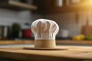 branco cozinhar chapéu dentro a cozinha mesa e cópia de espaço para seu decoração. publicidade fotografia conceito de ai gerado foto