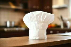 branco cozinhar chapéu dentro a cozinha mesa e cópia de espaço para seu decoração. publicidade fotografia conceito de ai gerado foto