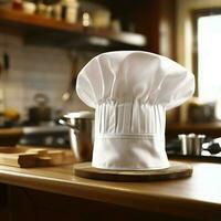 branco cozinhar chapéu dentro a cozinha mesa e cópia de espaço para seu decoração. publicidade fotografia conceito de ai gerado foto