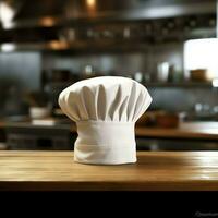 branco cozinhar chapéu dentro a cozinha mesa e cópia de espaço para seu decoração. publicidade fotografia conceito de ai gerado foto