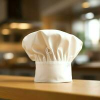 branco cozinhar chapéu dentro a cozinha mesa e cópia de espaço para seu decoração. publicidade fotografia conceito de ai gerado foto