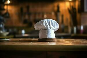 branco cozinhar chapéu dentro a cozinha mesa e cópia de espaço para seu decoração. publicidade fotografia conceito de ai gerado foto