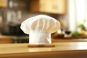 branco cozinhar chapéu dentro a cozinha mesa e cópia de espaço para seu decoração. publicidade fotografia conceito de ai gerado foto