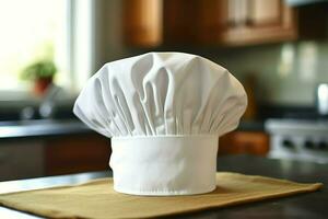 branco cozinhar chapéu dentro a cozinha mesa e cópia de espaço para seu decoração. publicidade fotografia conceito de ai gerado foto