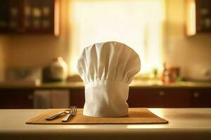 branco cozinhar chapéu dentro a cozinha mesa e cópia de espaço para seu decoração. publicidade fotografia conceito de ai gerado foto